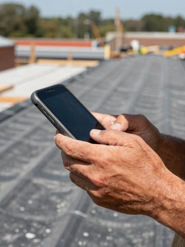 Close-up of a contractor's weathered hand holding a rugged smartphone on an active roofing job site, bright natural daylight, sharp focus, 35mm lens.