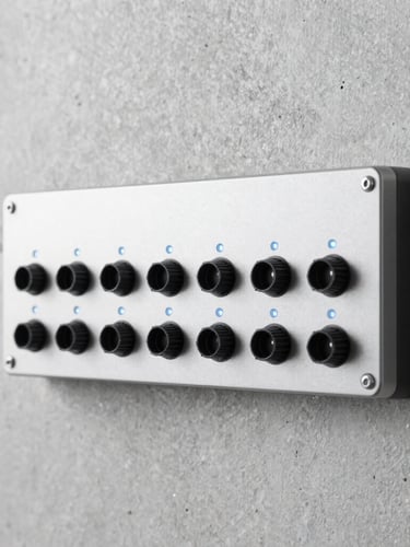 Close-up of technical hardware interface mounted on a concrete wall, subtle blue LED accents, sharp focus, 35mm