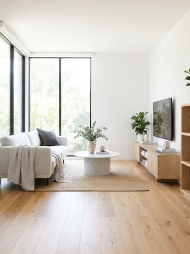 Bright high-key interior photography, natural window daylight streaming onto immaculate wooden floors and clean minimalist furniture, architectural lens, 35mm