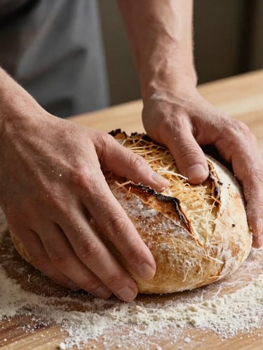 Macro close-up of hands kneading sourdough on a floured wooden surface, warm side-lighting with soft Scandinavian shadows