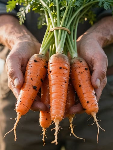 A close-up, low-angle shot of a farmer's hands holding heirloom carrots with damp soil clinging to the roots, warm morning light, soft Scandinavian daylight.