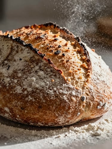 Extreme macro close-up of crusty sourdough bread being sliced, flour dusting the air, warm kitchen shadows.