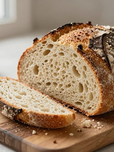Macro shot of fresh sourdough bread being sliced on a rustic wooden board, crumbs scattering, soft natural morning light