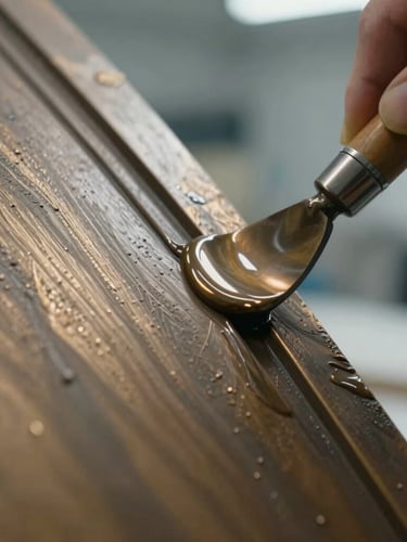 Extreme close-up of liquid bronze being troweled onto a curved architectural panel, harsh raking light highlighting metallic particles and wet texture, cool laboratory atmosphere.