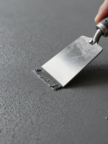 Extreme close-up of a dark gray microcement surface being smoothed with a steel trowel, harsh raking light showing high-precision texture, laboratory grade.