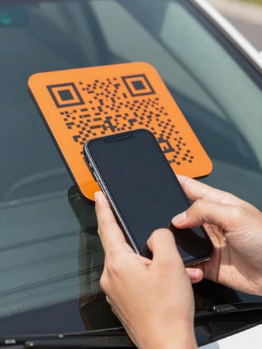 Hands holding a smartphone scanning a high-contrast safety orange QR code decal on a car windshield, bright natural daylight, crisp focus