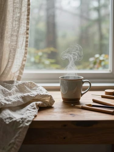A quiet, airy studio corner overlooking a misty forest. A wooden table holds a steaming ceramic mug, soft linen fabrics, and natural wooden embroidery tools.