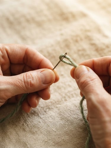 Close-up of hands threading a needle with soft sage green wool, textured linen background, warm diffused morning window light.