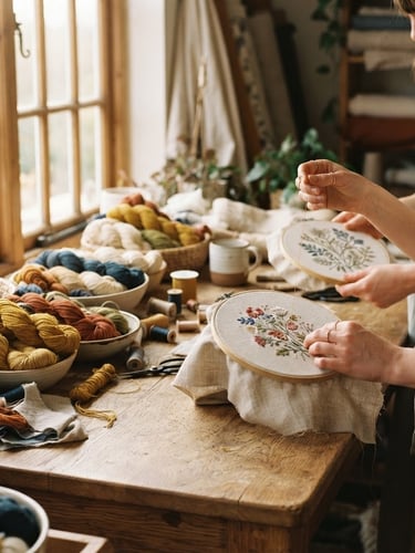 A bright, sun-drenched workshop studio with wooden tables, soft morning window light highlighting skeins of organic wool, linen textiles, and hands holding embroidery hoops.