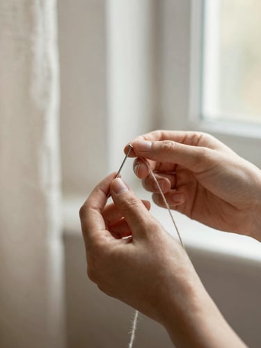Close-up of hands threading a needle with organic wool, sunlit studio corner, soft morning window light, shallow depth of field