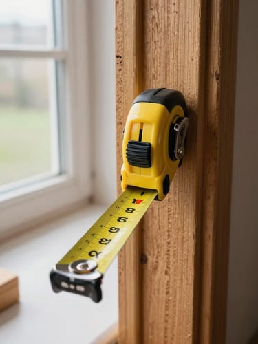 Close-up of a carpenter's steel tape measure pressed flat against a timber door frame in a real room, daylight from a nearby window, the measurement markings sharp and readable, wood grain visible behind