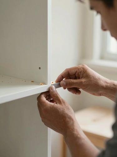 Portrait close-up of a craftsman's hands fitting a cabinet door panel into its frame during on-site installation, natural room light, wood shavings visible, real working context