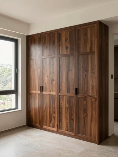 Wide environmental shot, natural daylight from a large window on the left, a floor-to-ceiling built-in cabinet installation filling a living room wall — dark-stained timber doors closed flush, visible joinery at the frame, a real residential interior with plain walls and tiled floor, no staging or props
