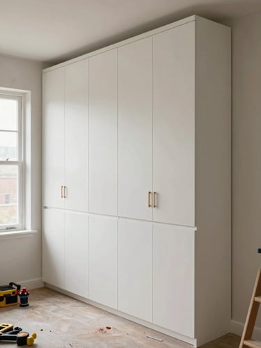 Wide environmental shot of a carpenter fitting a large built-in cabinet unit against a real room wall, natural daylight from a window to the left, tools visible on the floor nearby, the cabinet doors already hung and aligned