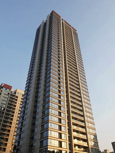 Editorial architectural photography of a modern luxury residential tower in Gurgaon with glass facade reflecting warm golden hour sunlight, sharp lines, wide-angle lens
