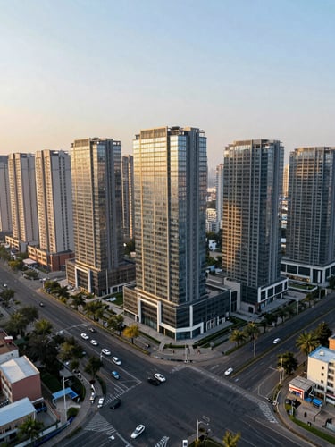Aerial wide-angle view of Gurgaon modern highway infrastructure and high-rise luxury residential communities during golden hour, crisp lighting