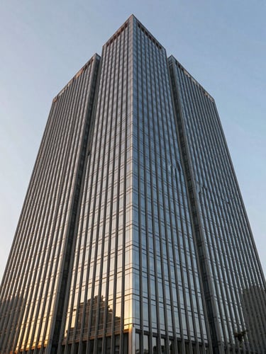 Wide-angle architectural elevation of a modern Grade-A commercial tower in Gurgaon at golden hour, sharp glass facade reflecting warm sunlight, clean lines.