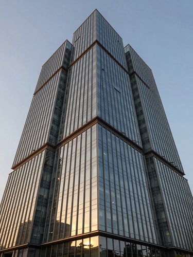 Editorial architectural photography of a modern luxury glass commercial tower in Gurgaon during golden hour, sharp angles, reflecting warm sunlight, wide lens