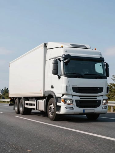 Low-angle heroic shot of a white transport truck driving on a clean Scandinavian highway under bright, natural daylight with high-contrast asphalt.
