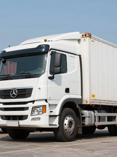 Low-angle heroic shot of a heavy-duty white transport truck parked on a clean asphalt terminal under bright daylight, sharp metallic details, safety-red cargo container visible in the background.
