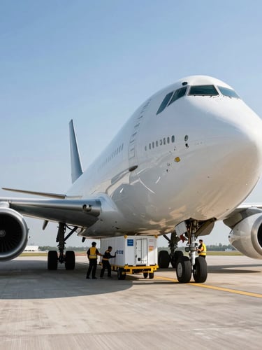 Low-angle heroic shot of a large cargo aircraft parked on a bright European runway, ground crew securing freight containers under crisp daylight, high contrast.