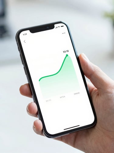 A sleek modern smartphone held in hand showing a clean fintech interface with a green success timeline, bright daylight, shallow depth of field