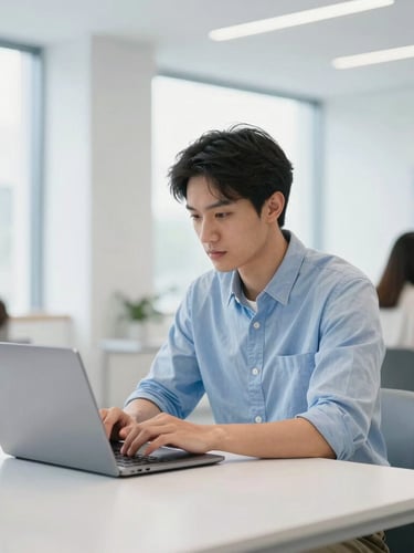 A professional global citizen working on a laptop in a bright, modern, daylight-filled co-working space, clean white and cool blue tones