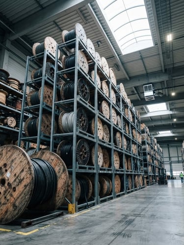 Low-angle wide shot of massive industrial cable drums stacked in an organized warehouse, cool metallic tones, sharp focus, 35mm lens.