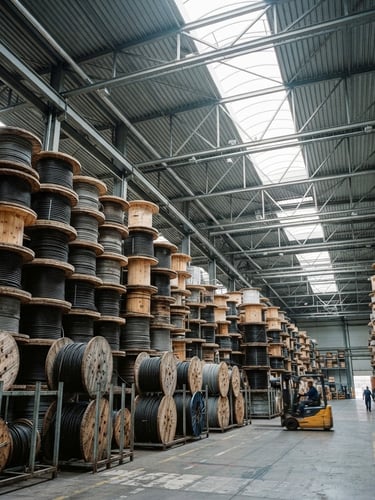 Low-angle wide shot of massive industrial cable drums stacked in an organized high-ceiling warehouse facility, natural warehouse skylight, cool metallic tones, sharp focus, 35mm lens