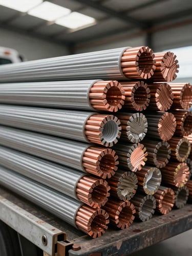 Close-up of thick copper and aluminum cable cross-sections showing insulation layers, stacked on a delivery truck bed at a warehouse dock, natural daylight, sharp focus.