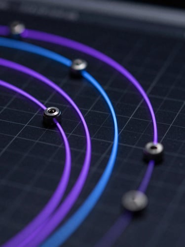 Macro crop of bezier curves and keyframe handles in a dark software viewport, glowing purple and blue vector paths, technical UI grid.