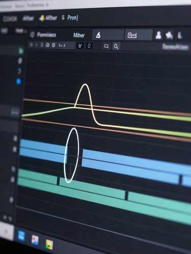 Macro close-up of a complex vector path with glowing bezier handles and keyframe graphs in a dark After Effects software interface