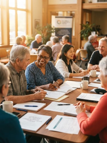 Active adults attending a life skills workshop in a bright Columbus community center, warm golden-hour light, collaborative atmosphere, shallow depth of field, 35mm lens