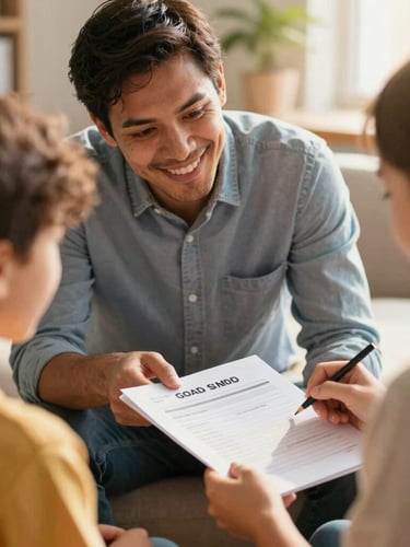 A community mentor guiding a participant through a goal-setting worksheet, warm natural light, focused and encouraging expressions, shallow depth of field