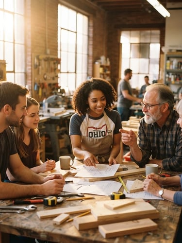 A warm editorial photograph of a modern community workshop space in Ohio, natural golden-hour light streaming through windows, community mentors and participants collaborating around a table, shallow depth of field, 35mm lens.