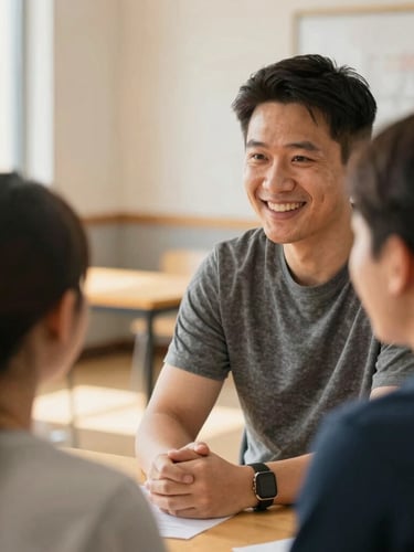 A close-up photograph of a career coaching session in a bright Columbus community center, a mentor guiding a participant with a smile, warm natural lighting, hopeful atmosphere, shallow depth of field, 35mm lens.