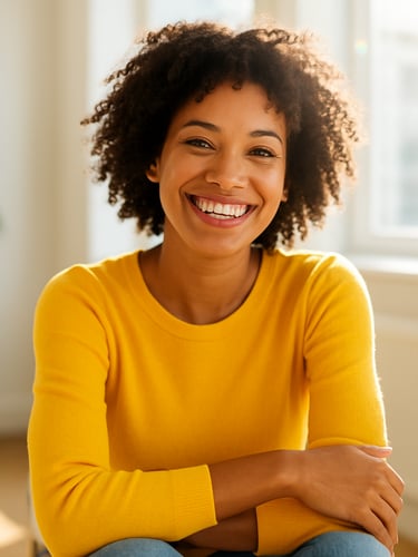 A bright environmental portrait of a smiling person sitting in a modern, sunlit room, warm natural daylight with soft sunny flares, clean high-contrast composition, 35mm lens