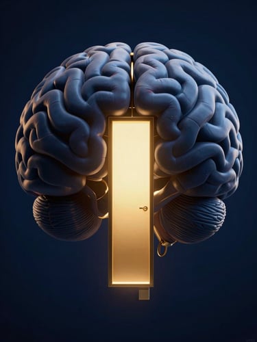 A highly detailed cinematic 3D render of a stylized anatomical brain with a single illuminated glowing golden doorway in the center, low-key dramatic lighting, deep midnight blue background, gold accents, 8k