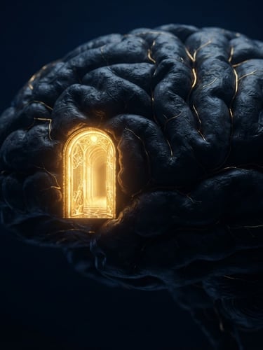 Macro close-up of a stylized 3D anatomical brain structure with a single illuminated golden doorway cutting through deep shadows, midnight blue background, cinematic lighting, 8k