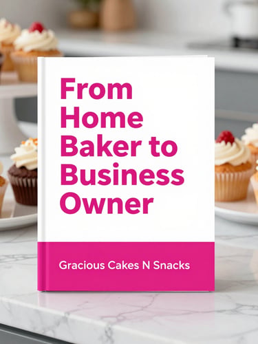 A professional book cover design for 'From Home Baker to Business Owner' by Gracious Cakes N Snacks, featuring a modern clean layout with hot pink accents, sitting on a marble kitchen counter next to fresh cupcakes, bright natural lighting