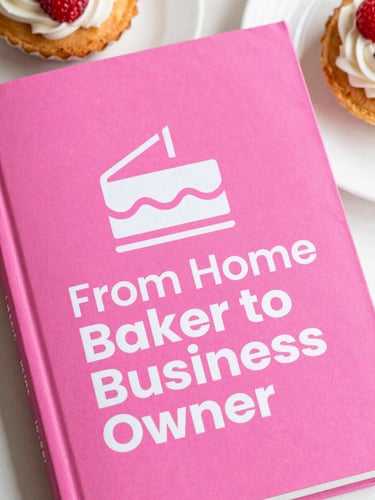 A professional book cover titled 'From Home Baker to Business Owner' with a vibrant pink background, displaying a modern cake icon and clean typography.