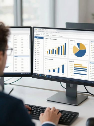 Over-the-shoulder view of a focused strategist analyzing complex financial compliance dashboards on dual monitors, bright natural office light, shallow depth of field, premium editorial photography, sophisticated navy and gold tones, 35mm