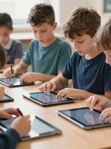 Primary school pupils collaborating over tablets in a bright Belfast classroom, natural daylight, medium close-up focused on hands-on learning.