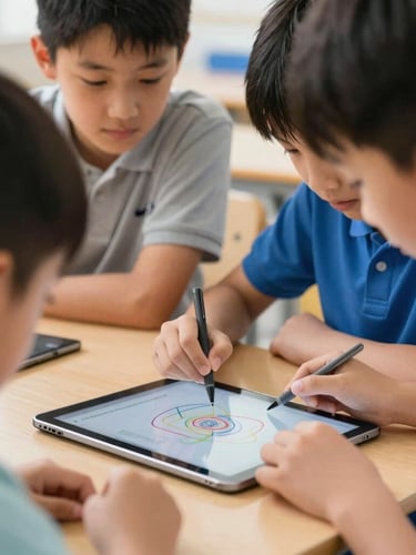 Close-up of primary school children working together on a creative coding project on a tablet, bright classroom setting.