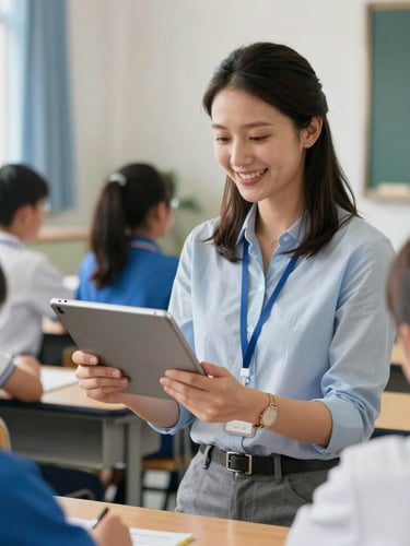 A smiling primary school teacher participating in a hands-on digital training session, holding a tablet, natural classroom daylight.