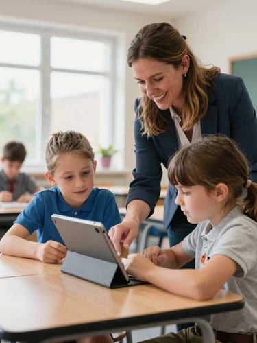 Bright natural classroom daylight, a Northern Ireland primary teacher smiling as she guides two pupils working together on a tablet, C2k compatible setup visible.