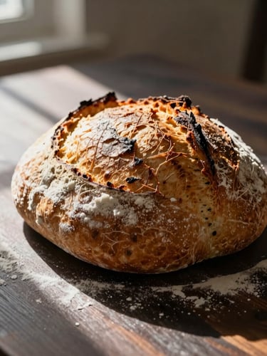 Macro shot of a freshly baked, blistered sourdough loaf resting on a dark wooden table, flour dusting, warm side-light casting long shadows, 35mm photography