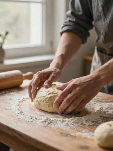 Hands of a baker gently shaping a wet sourdough dough on a flour-dusted wooden workbench, soft morning window light, warm editorial style