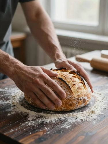 Close-up of a baker's hands gently shaping sourdough on a dark wooden table, soft morning window light, flour dusting the air, warm editorial photography, 35mm