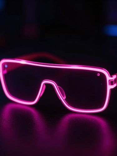 A close-up of futuristic LED party glasses glowing intensely with hot pink neon light in a pitch-black club environment, high contrast, 35mm lens